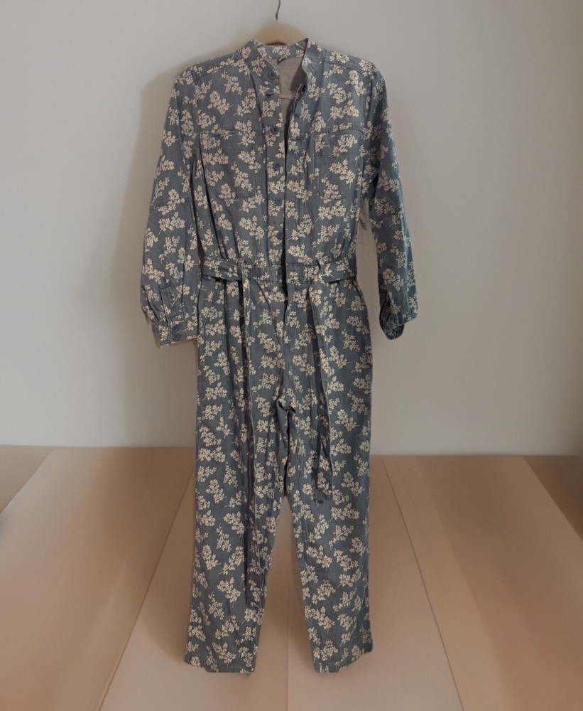 Blue Floral Denim Jumpsuit Small Long Sleeve Button Belted artsy denim utility