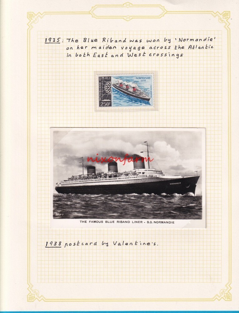An Original Album Page  C.G.T. France  Line NORMANDIE  RPPC + Stamp