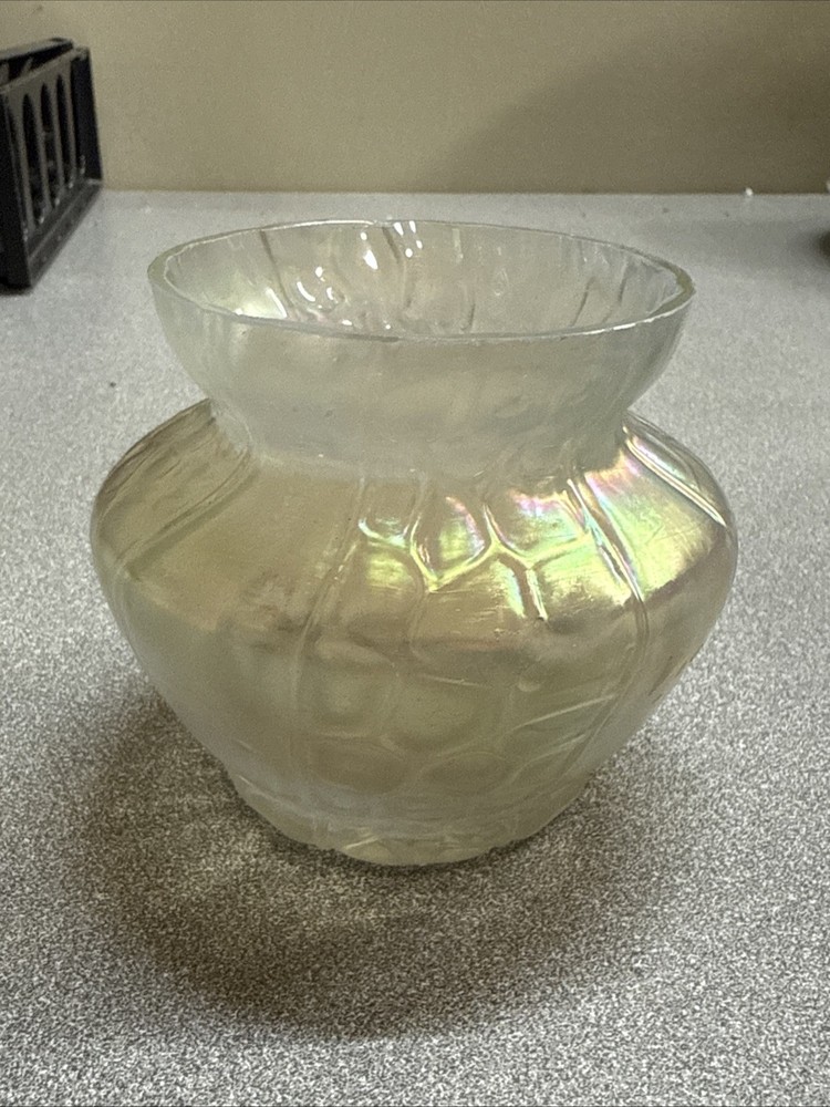 Vintage Rare Iridescent Art Glass White Opal Vase Attributed to Loetz Kralik