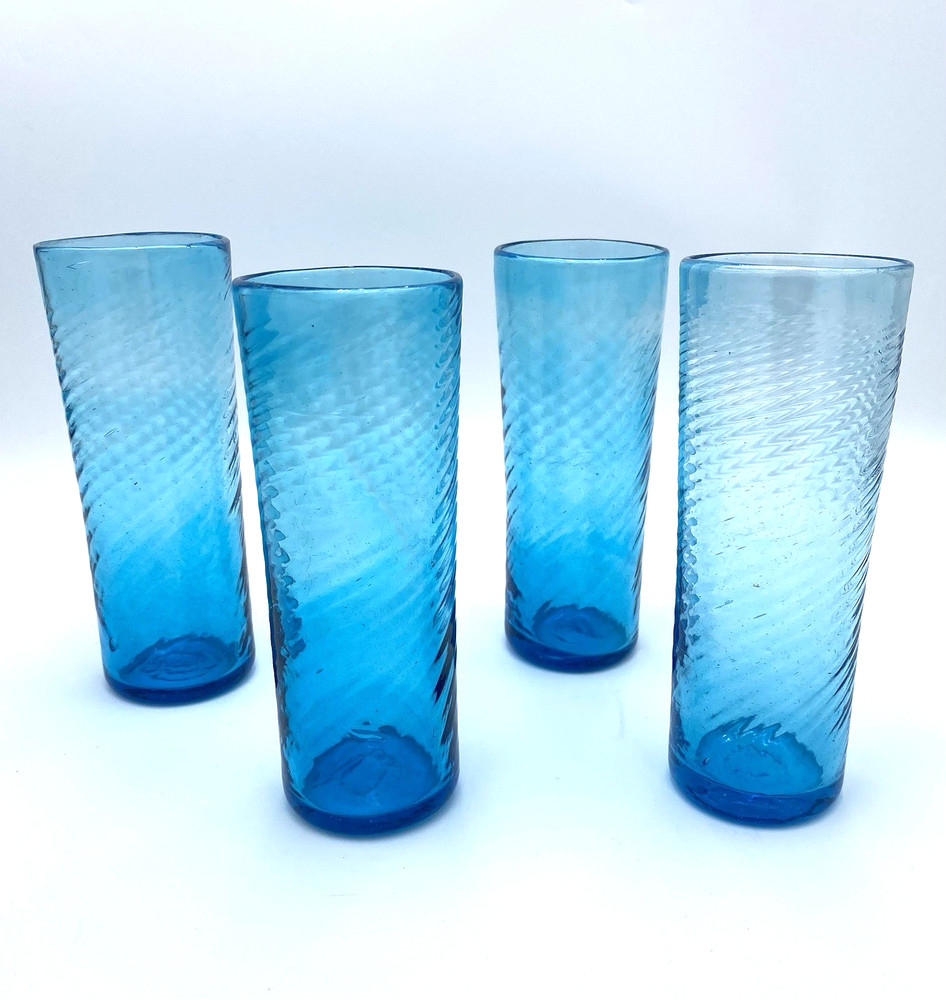 Set of 4 - Hand-Blown Deep French Blue Glass Tumblers, Swirl Optic Pattern