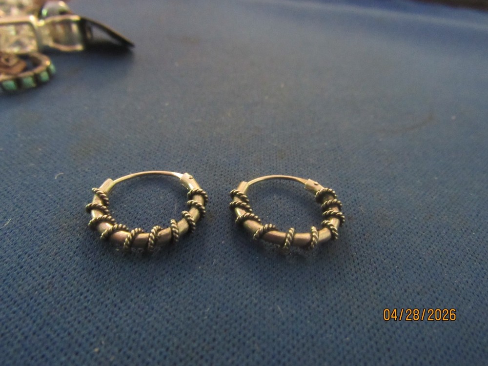 Vintage Sterling Silver  Textured Wire Wrapped Hoops Pierced Earrings