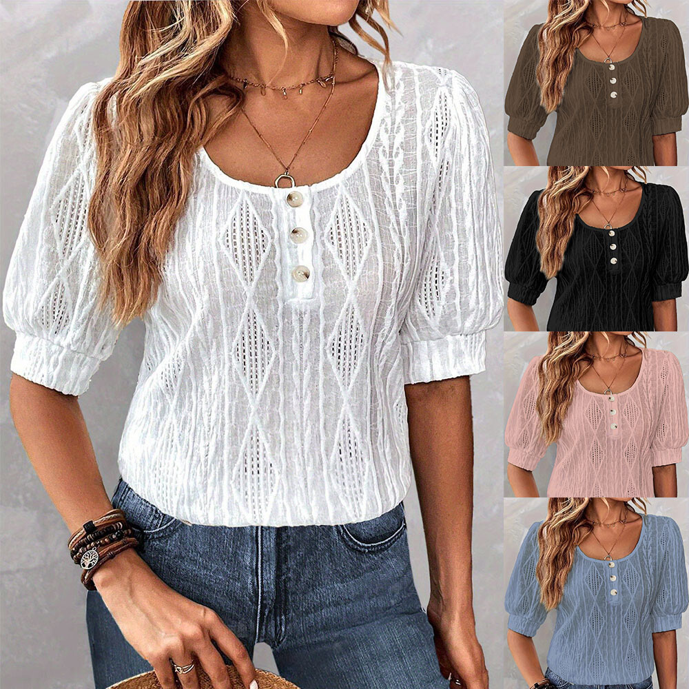 Round Sleeve Tees Tunic Tops T-Shirt Women Blouse Short Pullover Loose Neck