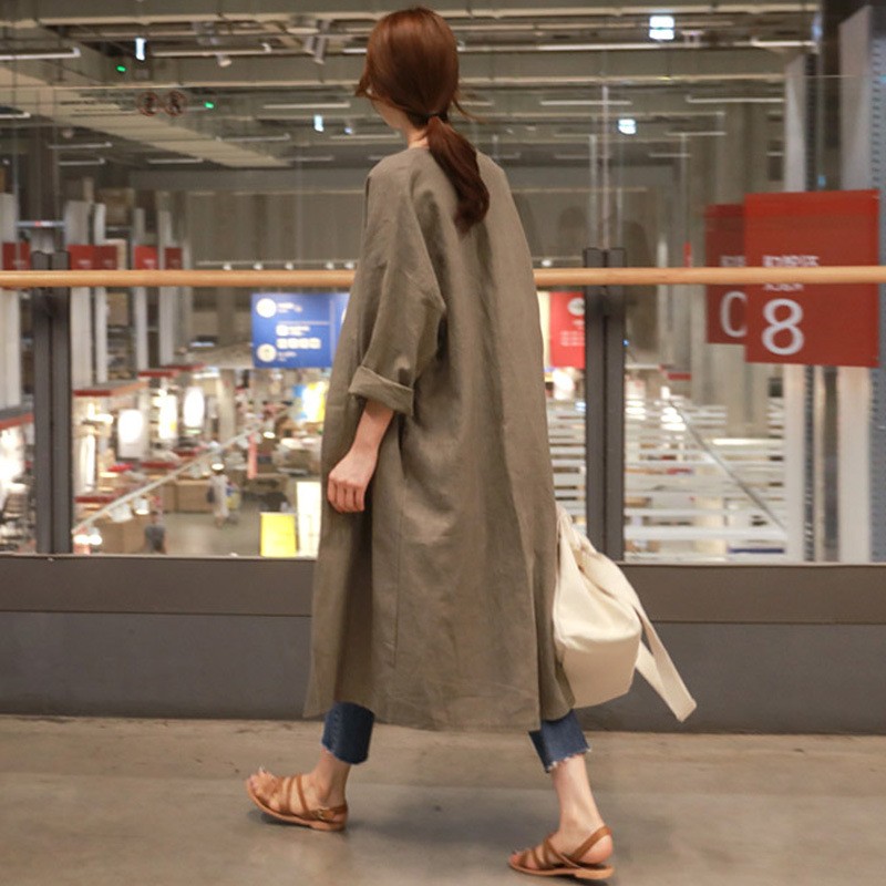 Spring New Loose Plus-Size Cotton Linen Cardigan Mid-Length Long-Sleeved Coat