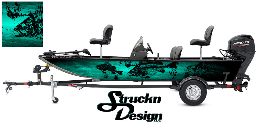 Graphic Abstract Fishing Bass Boat Black Teal Vinyl Decal Wrap Fish Skeletons US-image