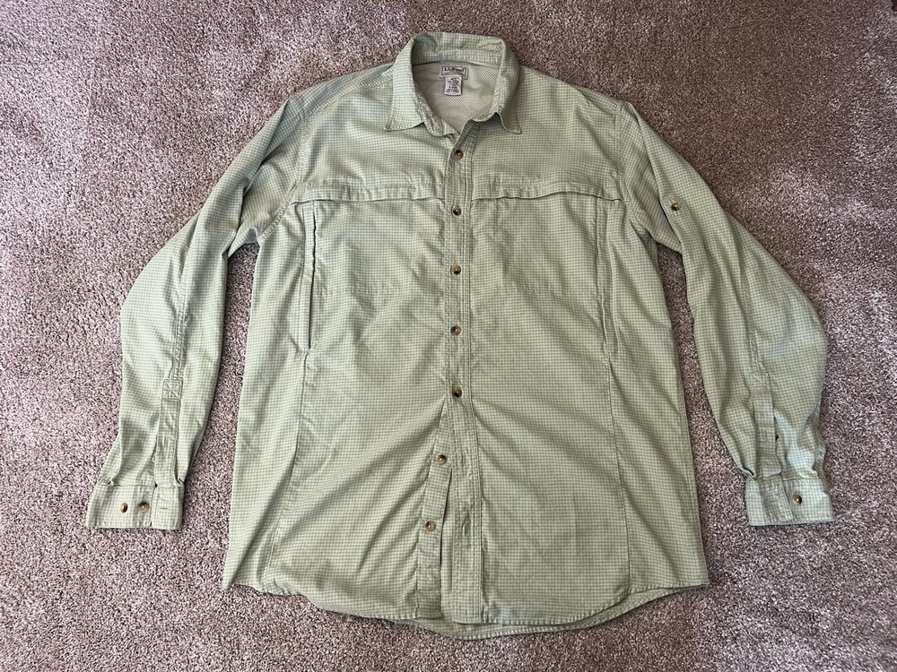 LL BEAN Mens Fishing Shirt Large Tall Green Vented Long Sleeve Button Up