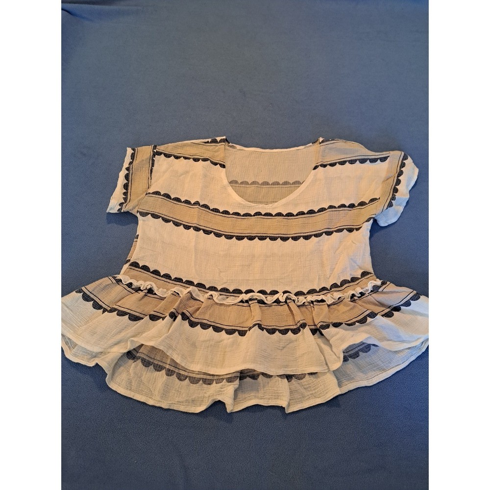 Boho Scalloped Stripe Ruffle Peplum Blouse White Navy Tan Short Sleeve Gauze Top