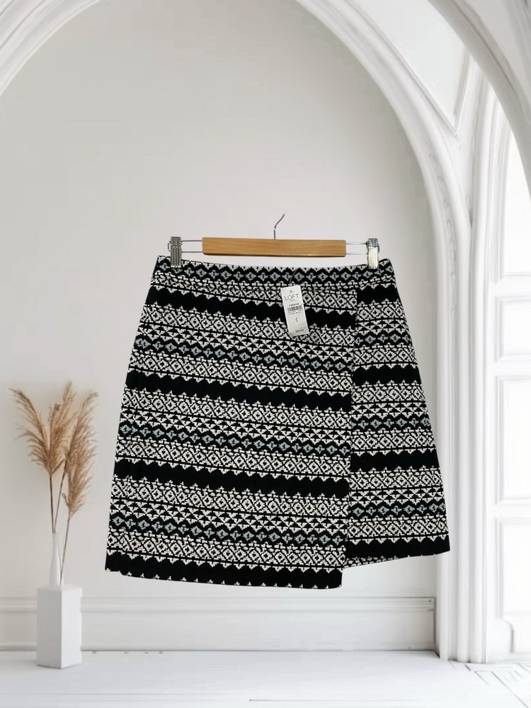 LOFT Black Geo Print Textured Faux Wrap Skirt Women’s Size 4 Boho Chic NWT $59