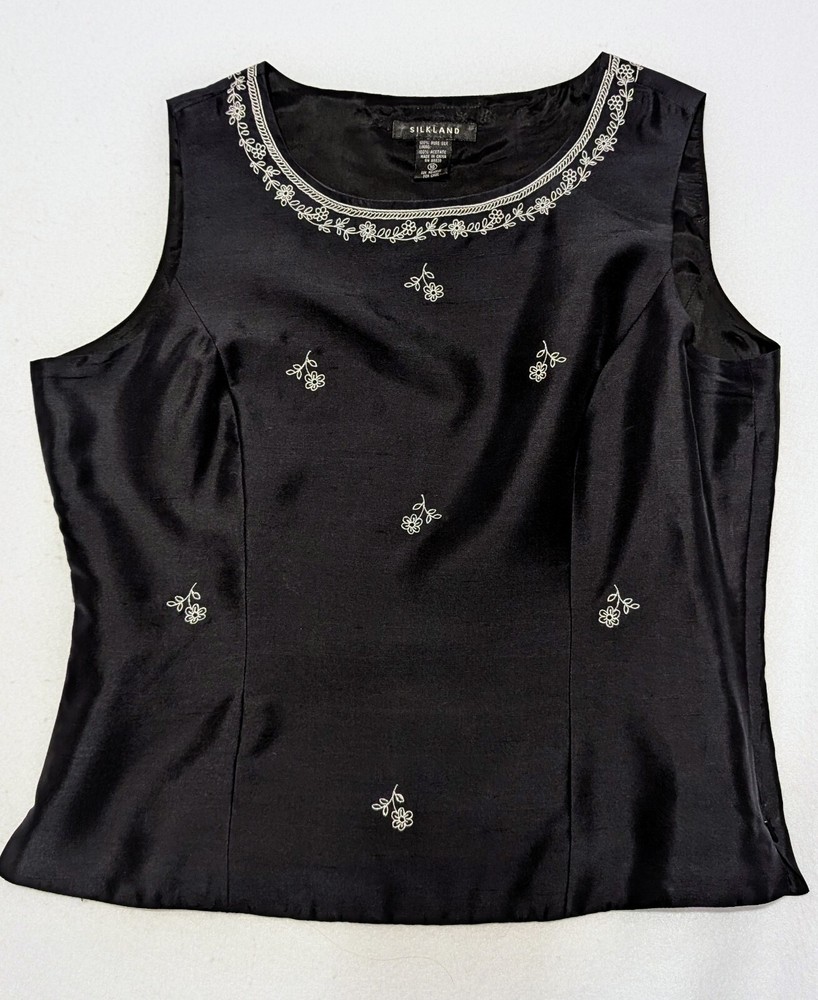 Silkland 100% Silk Black Floral Embroidered Sleeveless Top Blouse Lined Size 10