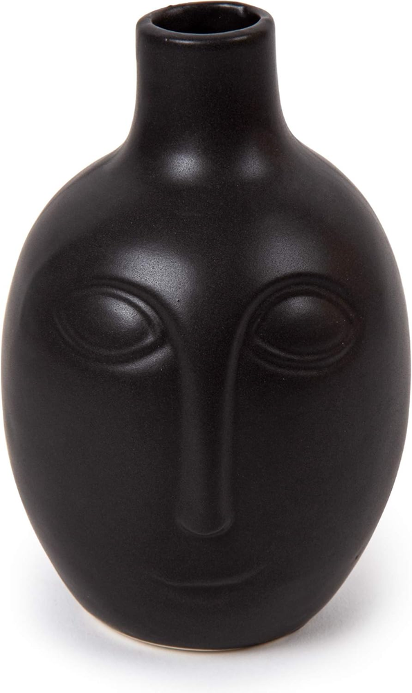Modern Abstract Ceramic Face Flower Vase, 6 X 3.5 Inches, Black