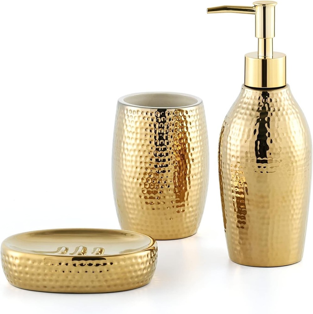 Gold Bathroom Accessory Set - 3 Piece Decorative Ceramic Bathroom Accessories...