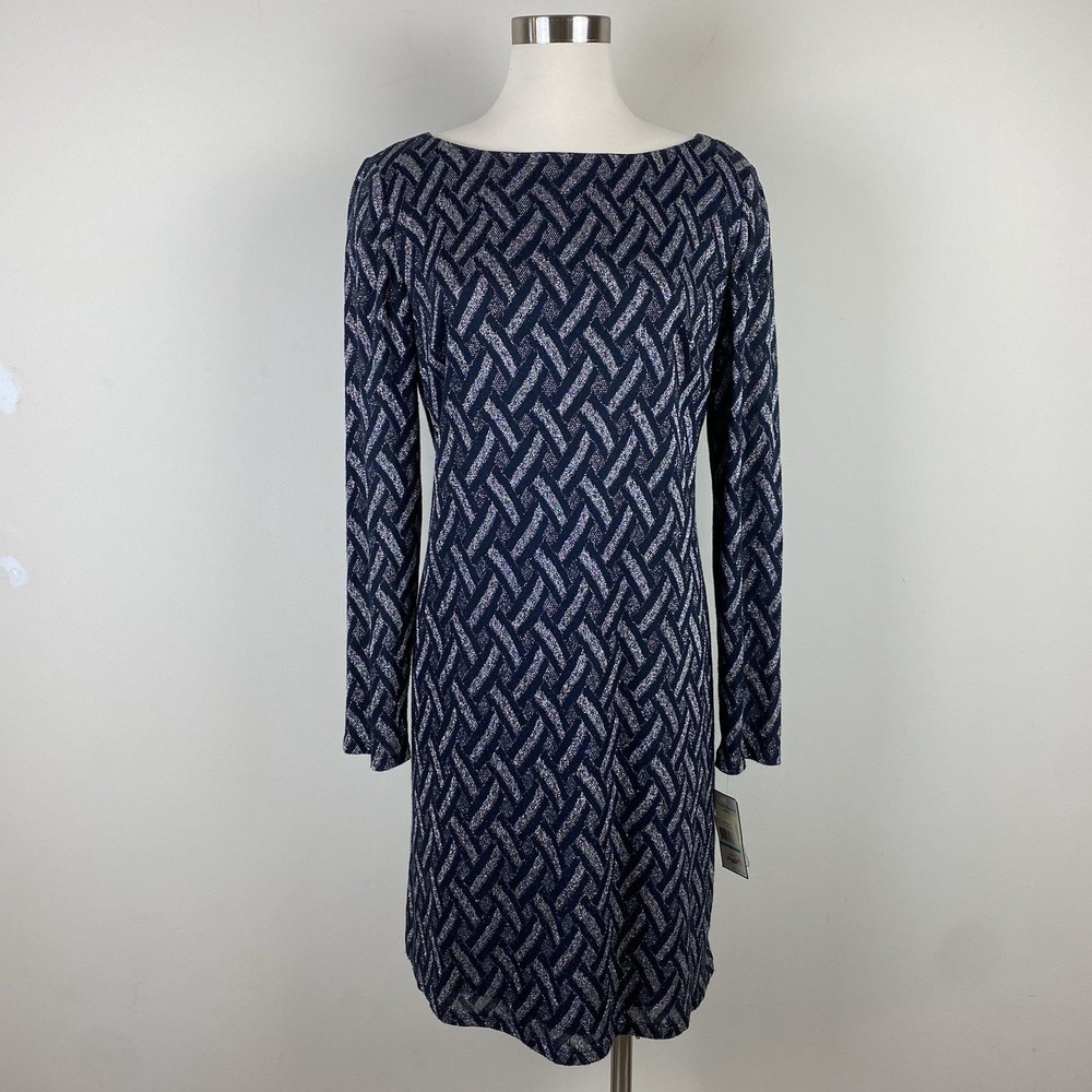 Jessica Howard Navy Blue Silver Metallic Dress Long Sleeve Sz 16 NWT Cocktails