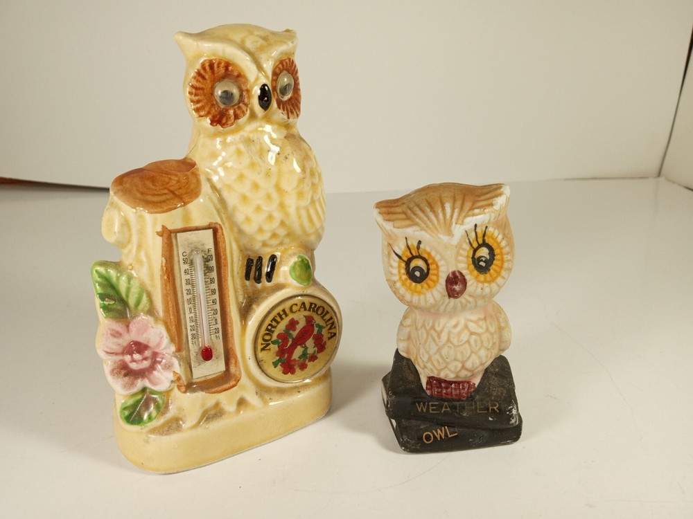 Vintage 70s Owl Thermometer Ceramic North Carolina Red Cardinal & Weather Owl 2
