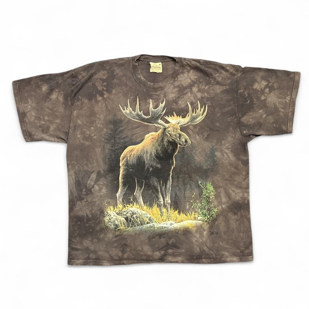 Vintage Nature Shirt Mens XL 90s Y2K The Mountain Moose Elk Brown Tie Dye Animal