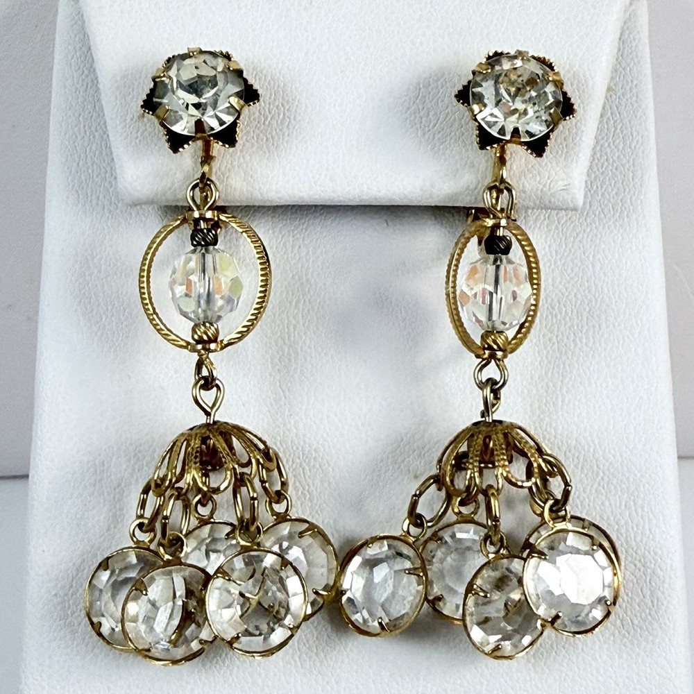 Vintage Crystal Beaded Benzel Set Chandelier Drop Dangle Clip on Earrings