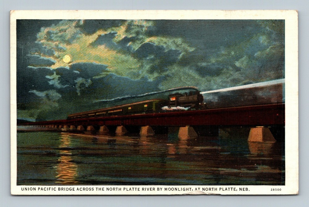 Postcard Union Pacific Bridge Across the North Platte River MoonLight at North
