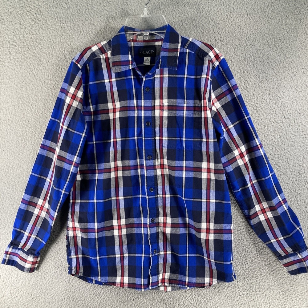 Children's Place  Button Up Shirt BOYS 16 XXL Blue Plaid Long Sleeve 100% Cotton