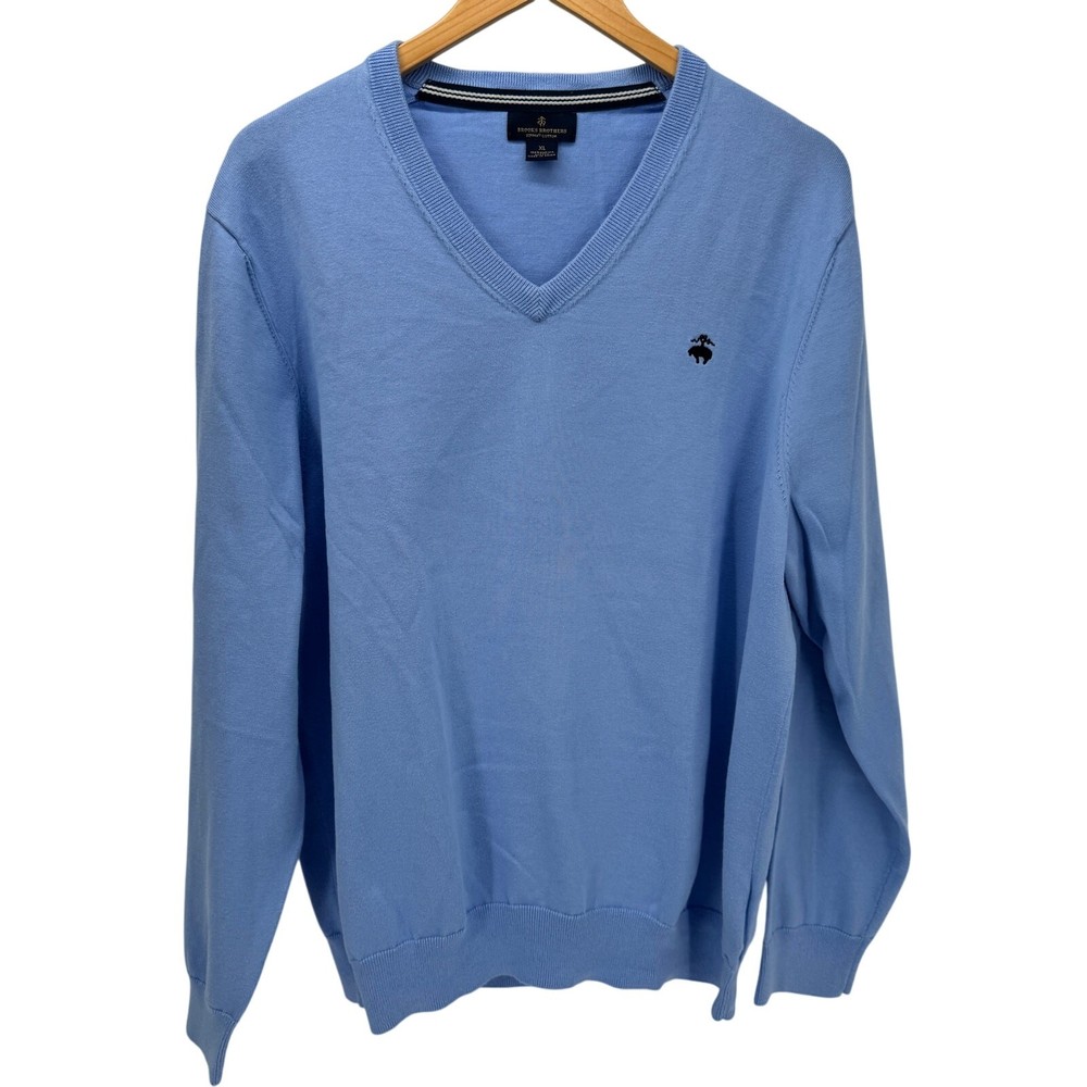 Brooks Brothers Sweater Mens XL Blue Supima Cotton V-Neck Classic Coastal Knit