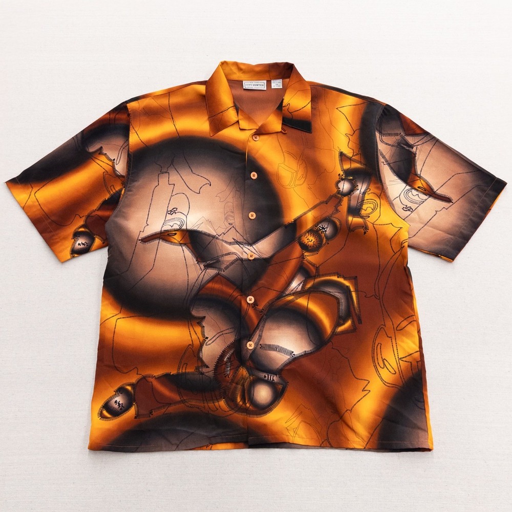 Vintage Y2K Abstract Graphic Button Down Shirt 2XL Orange Brown City Hunter NYC-image