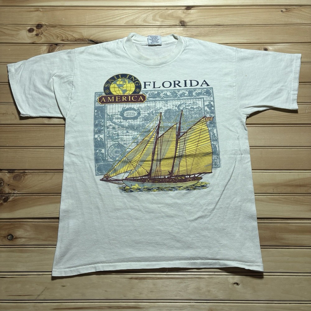 Vintage 90s Florida Sailboat Ocean Sailing Nautical Map Art Shirt Size Large USA