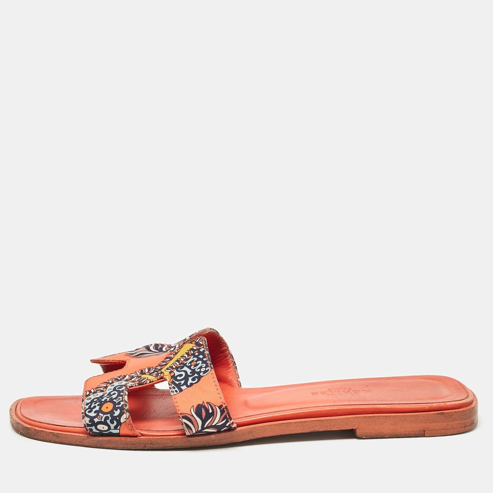 Hermes Orange and White Canvas Oran Flat Slides Size 35