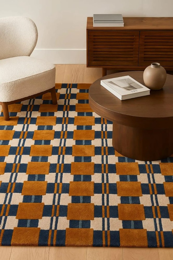 Retro Checkered Area Rug – Hand-Tufted Wool Carpet in Mustard & Navy, Mid-Centur