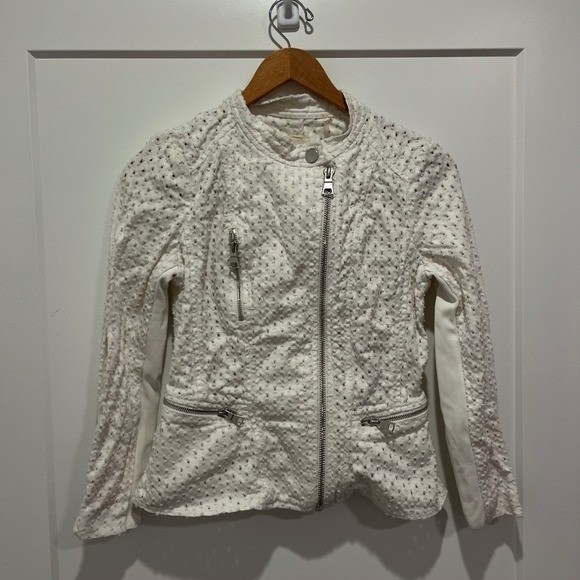 Rebecca Taylor White Eyelet Moto Jacket Blazer Snap Zip Women's Size Small