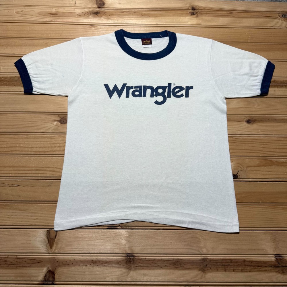 Vintage 70s Wrangler Spell Out Logo Streetwear Graphic Ringer T-Shirt USA Small