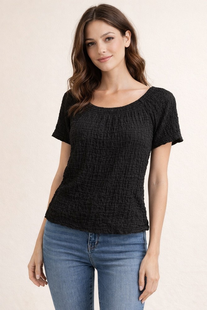 Lucky Brand Black Smocked Top Women’s Short Sleeve Crinkle Knit Boho Blouse
