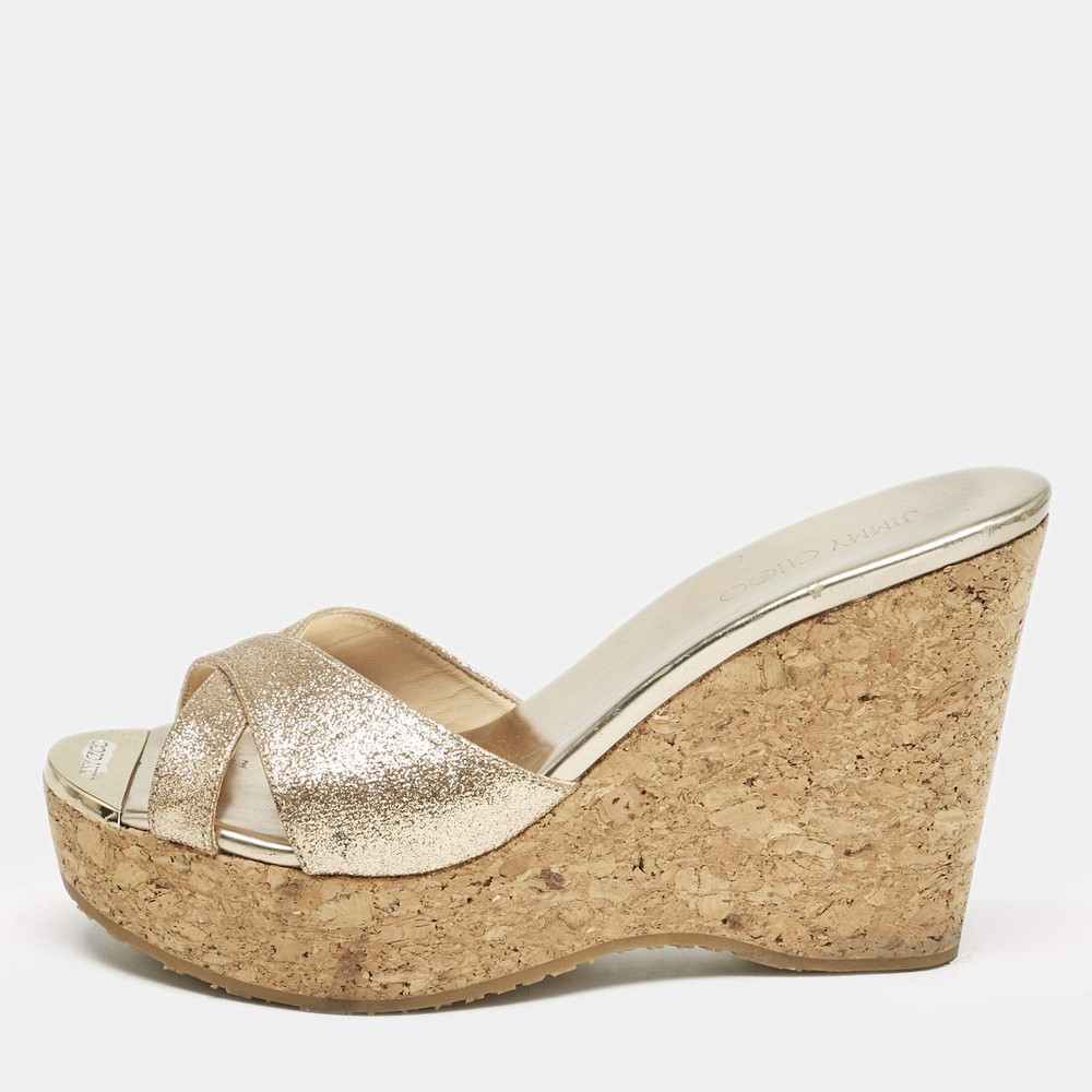Jimmy Choo Metallic Gold Glitter Prima Cork Platform Wedge Sandals Size 37