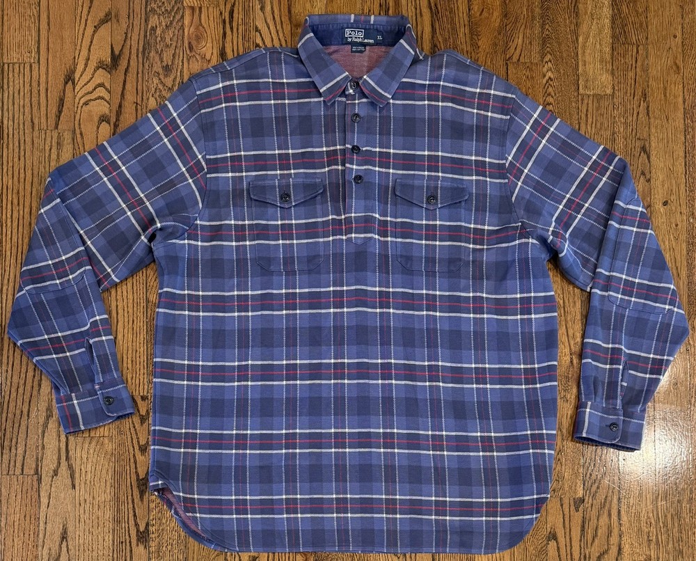 VTG Polo Ralph Lauren Popover Pullover Shirt Blue Plaid Elbow Patch Men’s XL