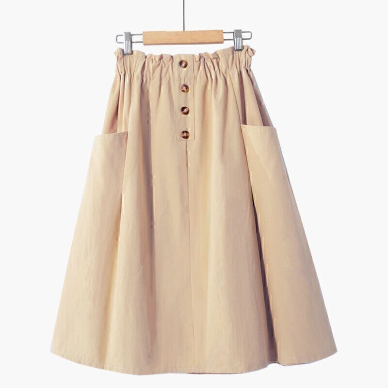 Women's Casual High Waist Front Button Pleated A-Line Midi Skirt with Pocket