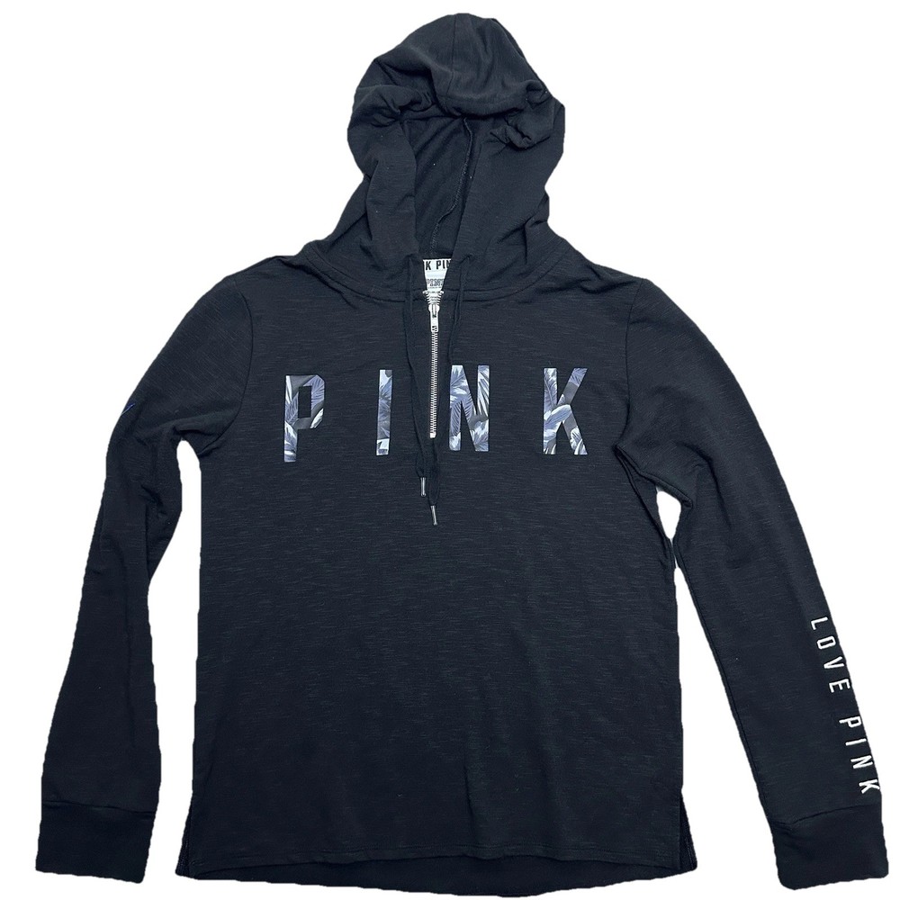 Victoria’s Secret PINK Black Hooded Pullover Sweatshirt Love Pink XS Long Sleeve