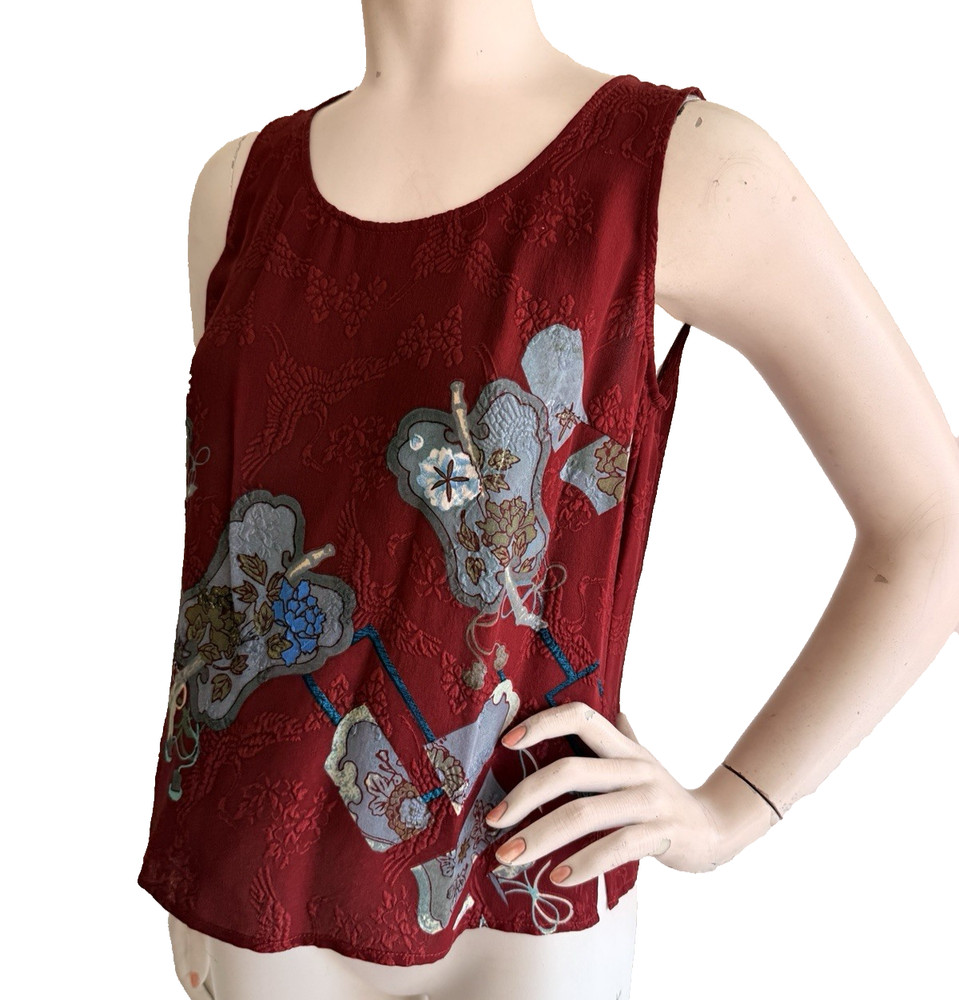 CITRON Santa Monica 100% Silk Tank Shell Top Red Asian Art to Wear Floral Size M