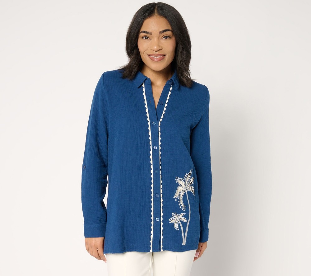 Susan Graver Women's Top Plus Sz 2X Soleil Gauze Button Front Blue A683091