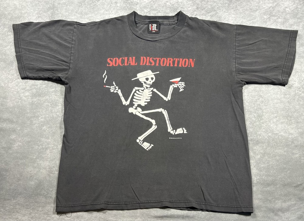 Vintage 1996 Social Distortion Skelly Men's Black T-Shirt Size L Giant Tag