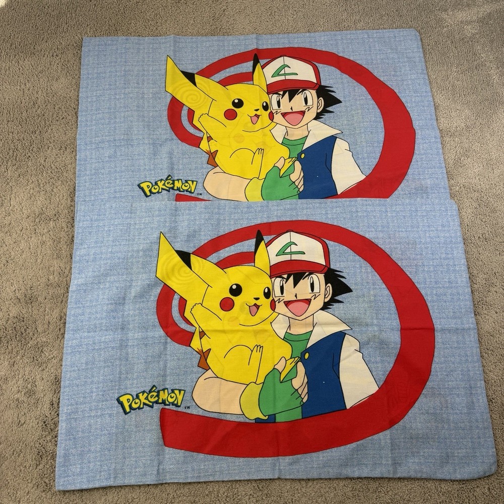Vintage Pokemon Pillowcases Set Of 2 Ash Pikachu Blue Standard 1998