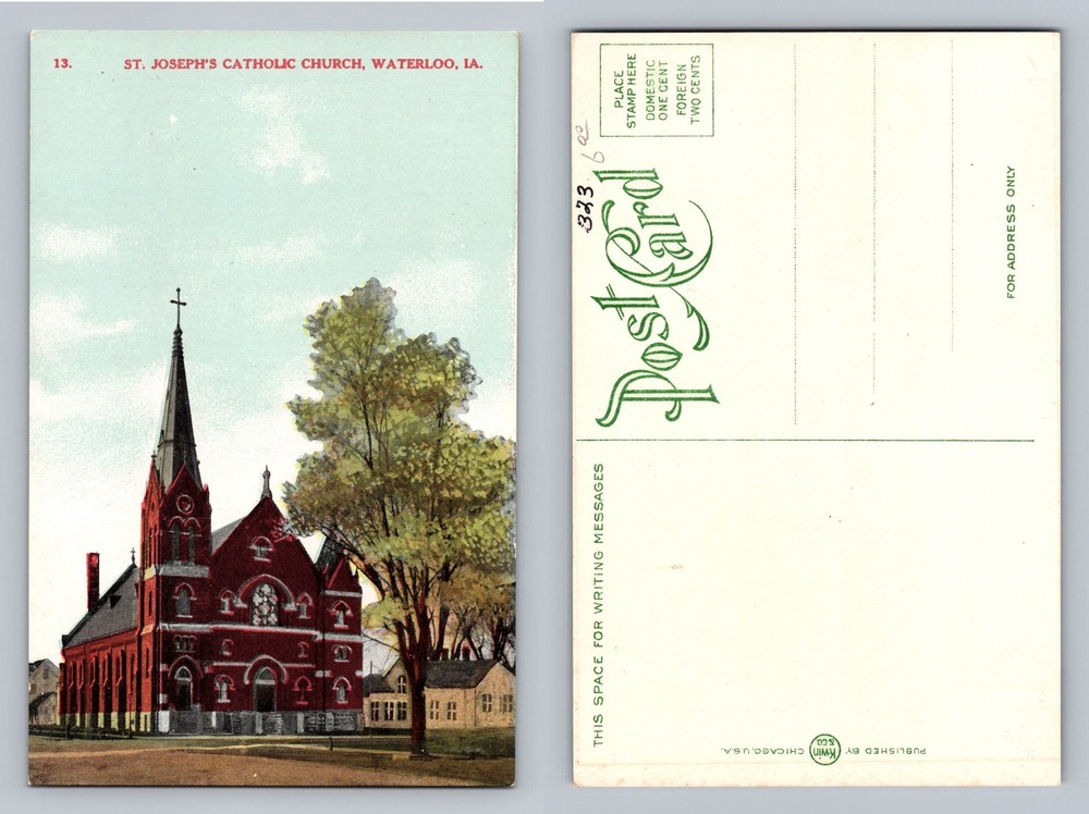 Waterloo, IA-Iowa St Joseph’s Catholic Church Red Brick Steeple Vintage Postcard