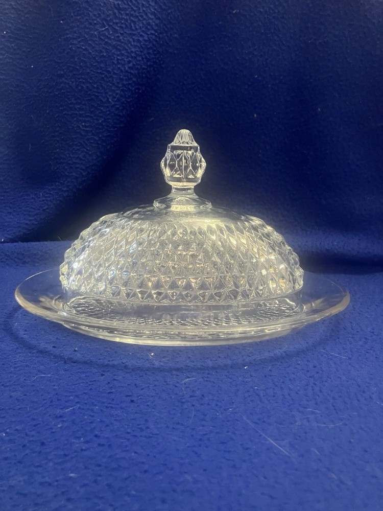 Vintage Indiana glass Diamond Point Clear Glass Oval Covered Butter Dish