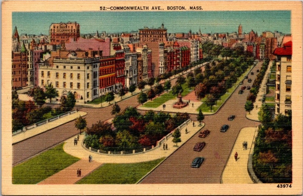1947 Boston Commonwealth Ave. Linen Postcard - Back Bay District Parkway