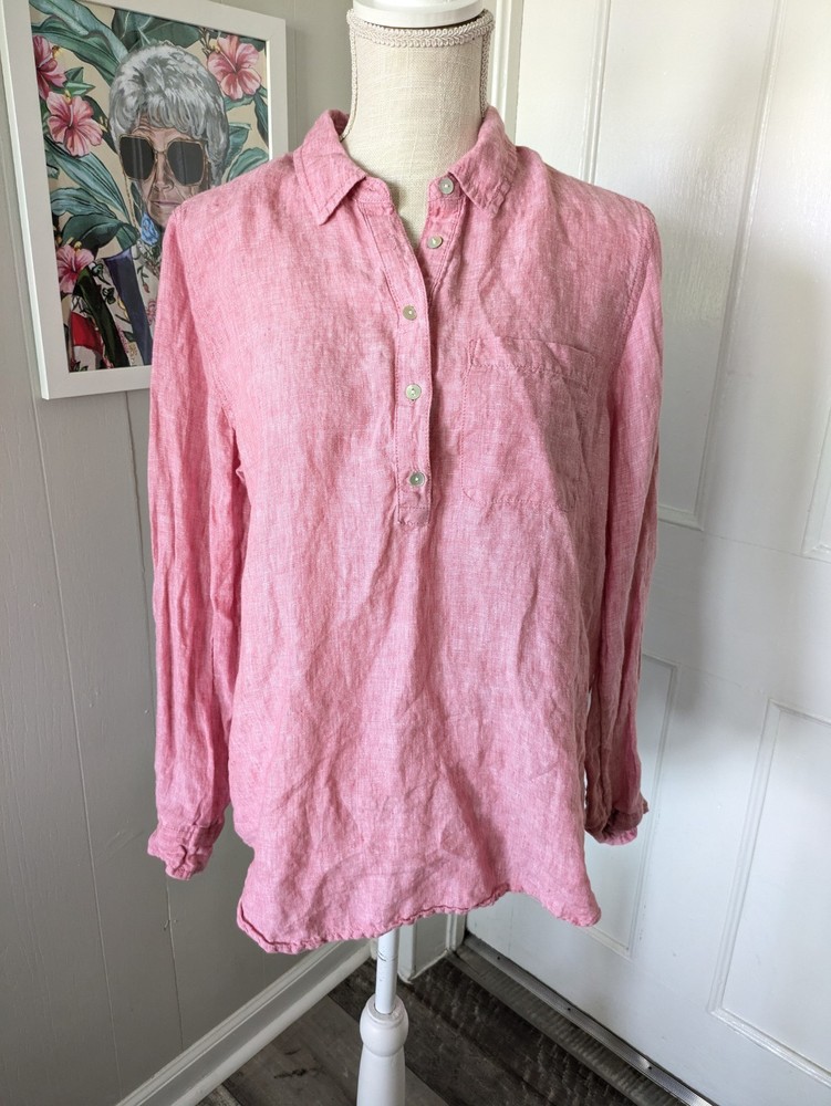 Jones New York 100% Linen Popover Tunic Top Women’s Medium Pink Shirt Natural