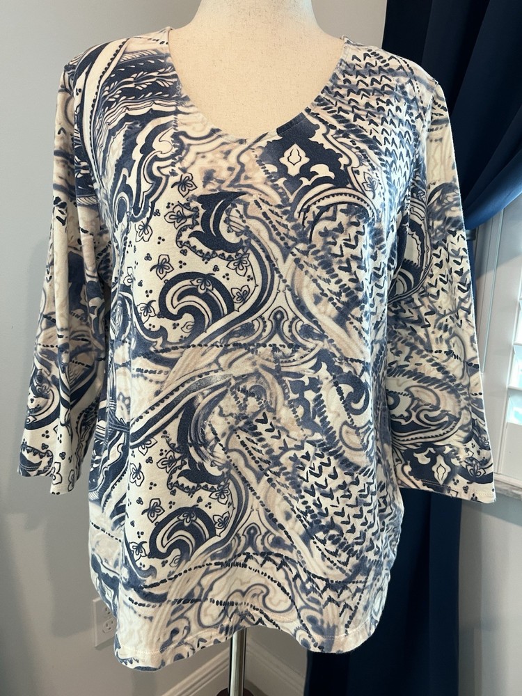 CHICOS Size 3 (16 XL) Blue Cream Artsy Paisley 3/4 Sleeve Blouse STRETCHY Soft