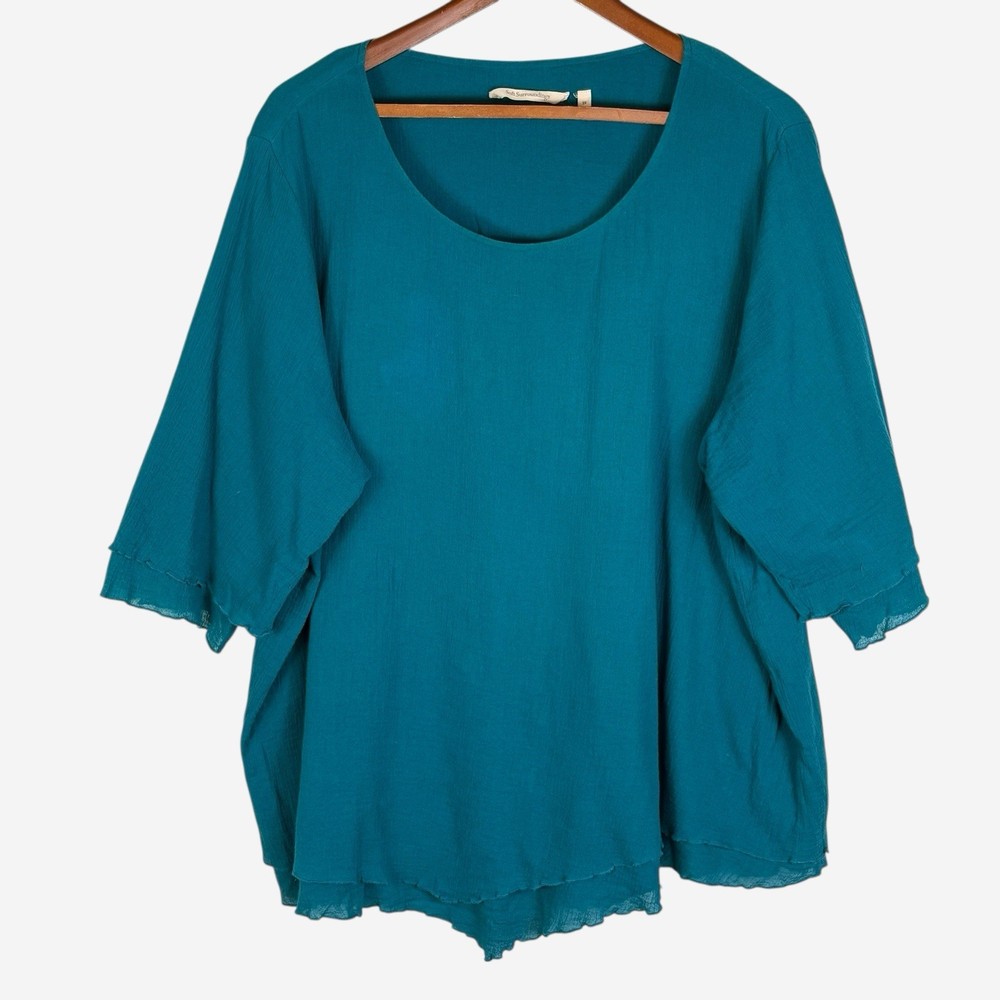 Soft Surroundings Gauze Cotton Tunic Top Size 1X Teal 3/4 Sleeves Scoop Neck