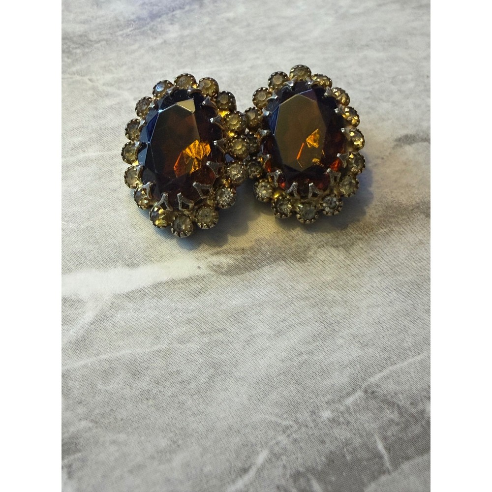 Vintage Amber Glass Rhinestone Clip On Earrings Gold Tone Costume Statement