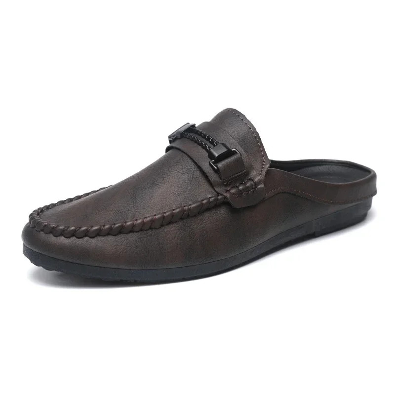 Leather Men Half Slippers Summer Fashion Casual Shoes Slip on Loafers Moccasins