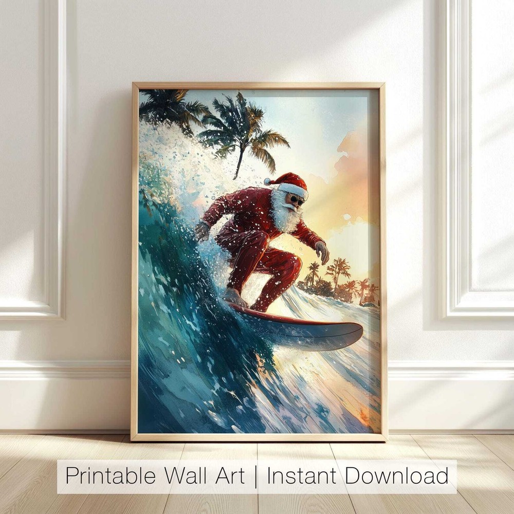 Santa Claus Surfer Printable Art Tropical Christmas Print Beach Holiday Decor