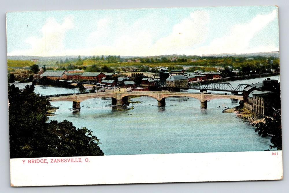 Zanesville Ohio~Y Bridge~Birds Eye View~River Confluence~Railroad~c1910 Postcard