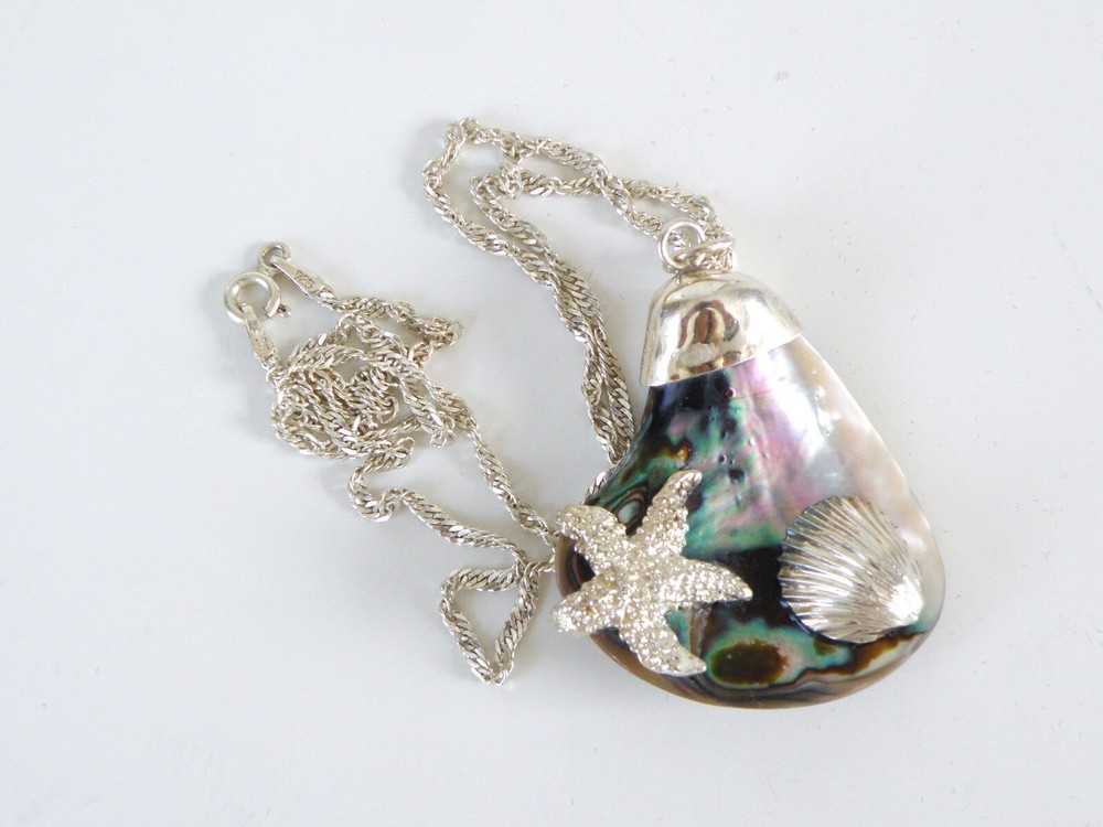 Artisan Sterling Silver 925 Abalone Nautical Large Vintage Pendant Necklace 18