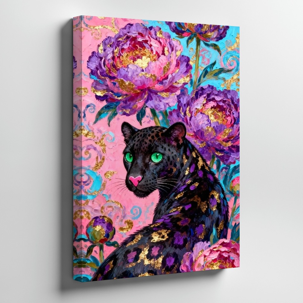 Black Panther With Green Eyes And Pink Floral Background Canvas Wall Art Print