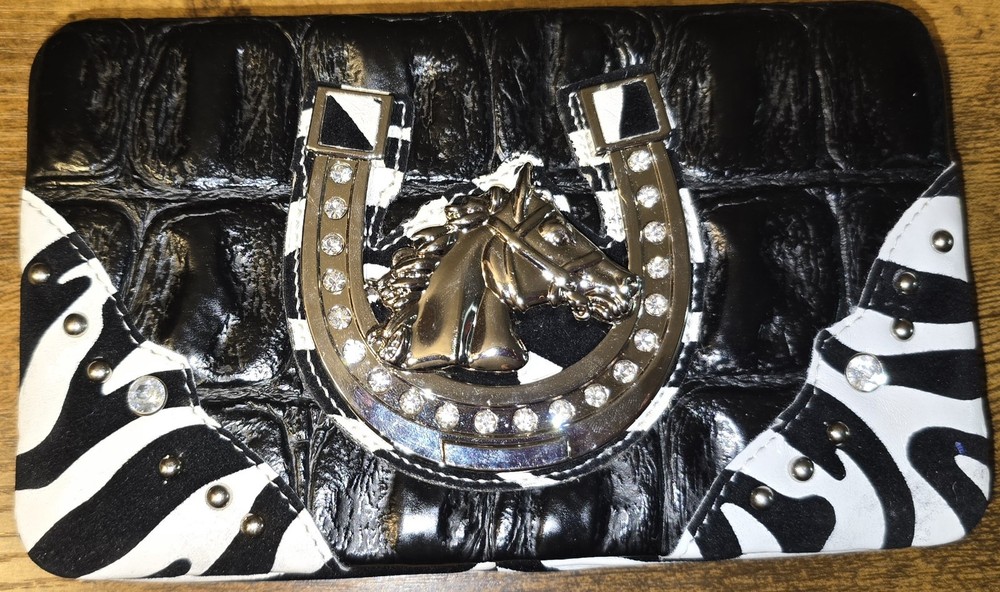 Western Ladies Black Clasp Wallet With Rhinestones And Horse With Horseshoe