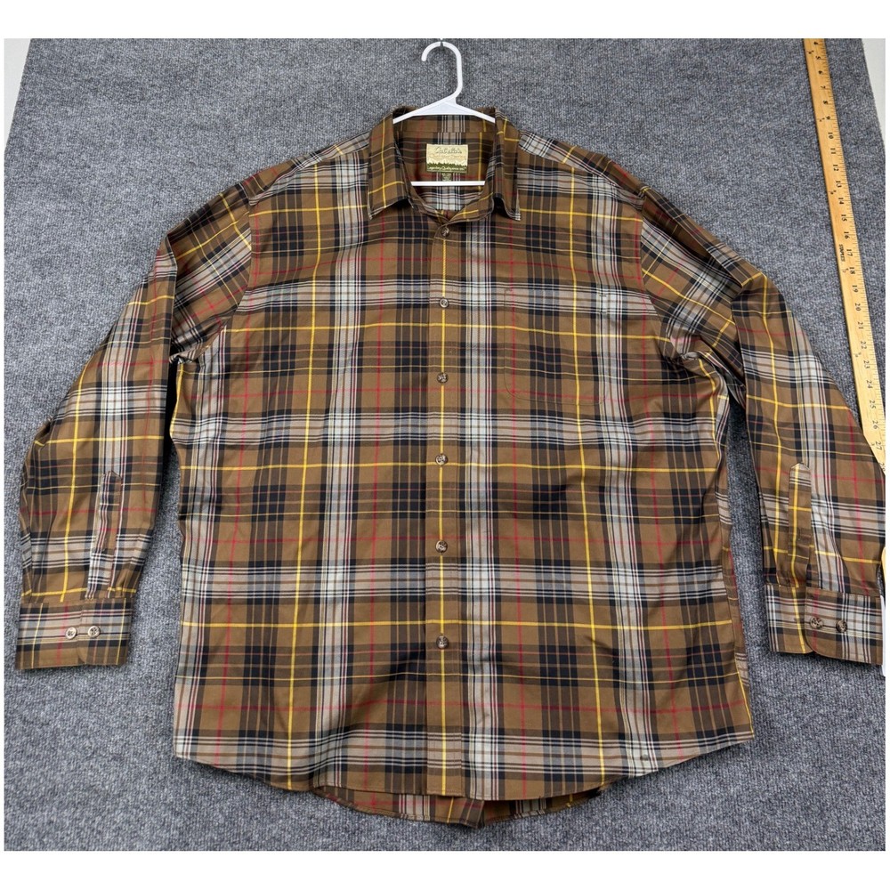 Cabelas Outfitter Series Mens 2XL Brown Plaid Long Sleeve Button Down Shirt